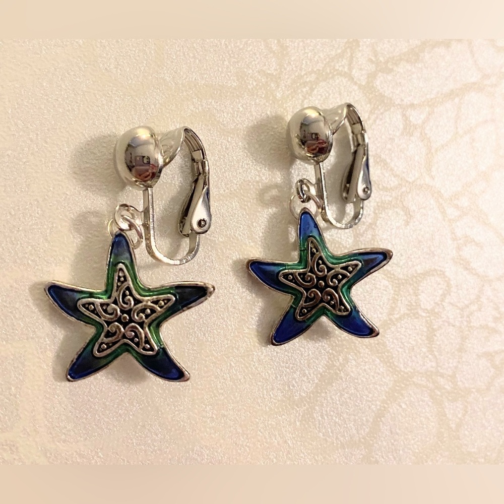 Starfish Clip-On Earrings in Blue and Green